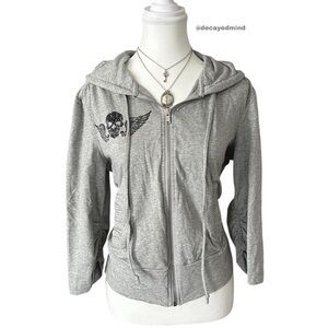Y2K “Allen B” Light Grey & Black Skull Graphic Zip-up Hoodie